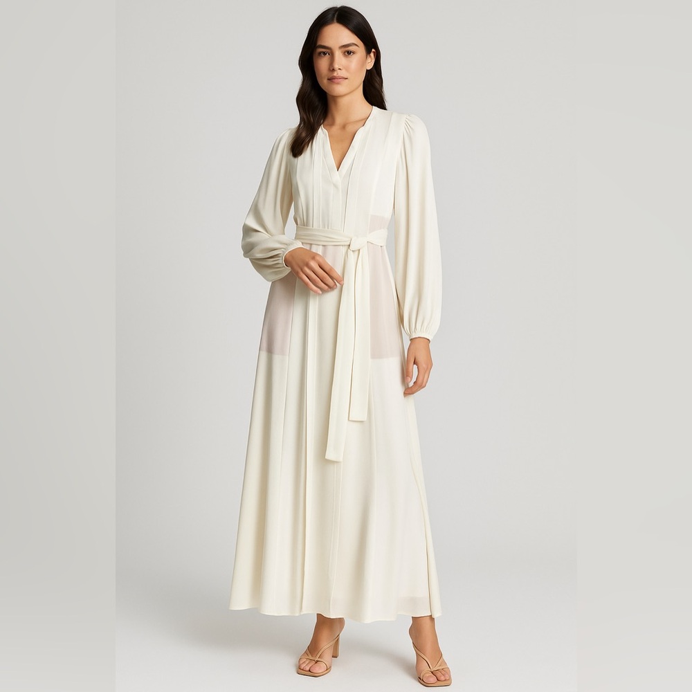 BCBGMAXAZRIA Runway Kalila Off White Long Sleeve‎ Belted Maxi Dress XXS NWT